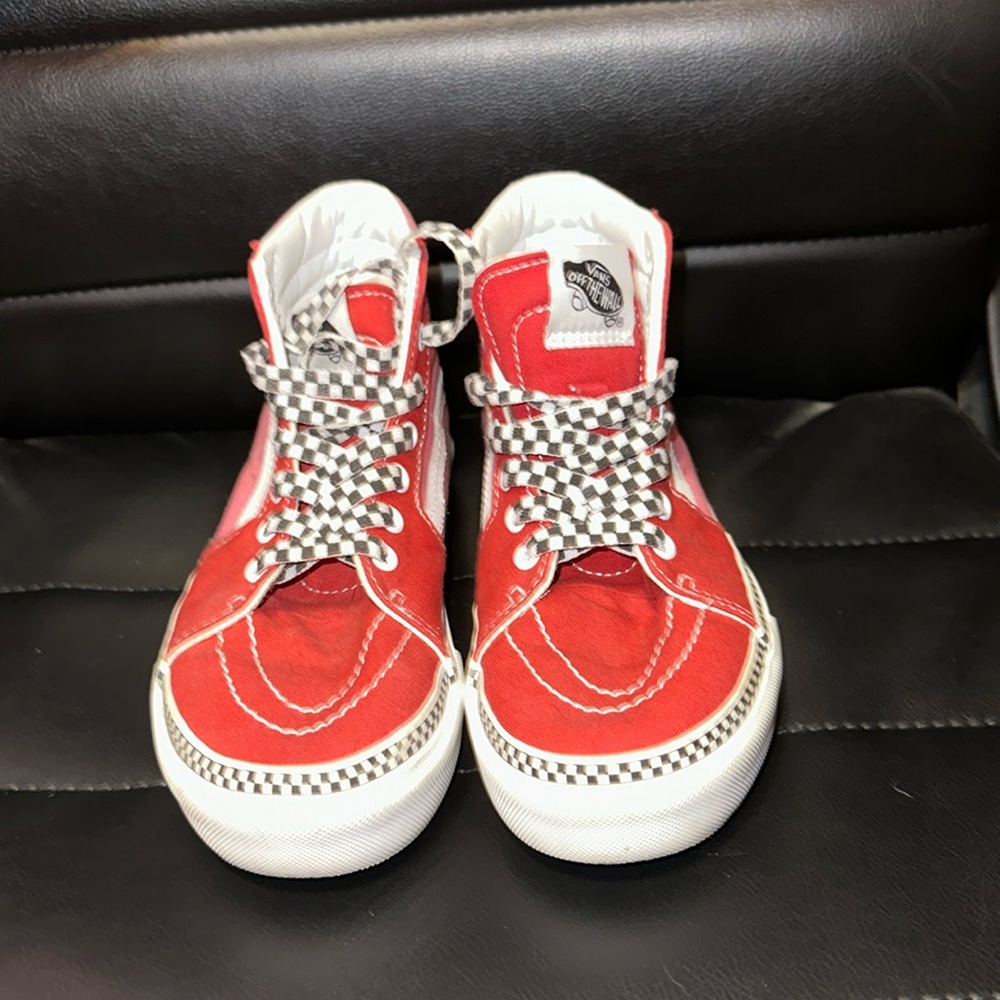 Kids Size 3 Red & pink high top Vans with checkered accents & checkered laces